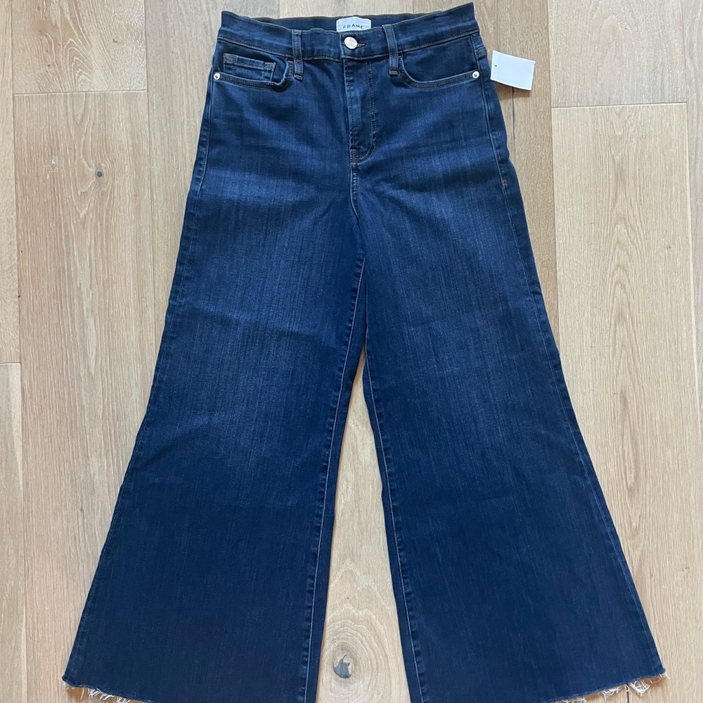 FRAME Le Palazzo crop high rise wide leg raw hem denim jeans, brand new with tag